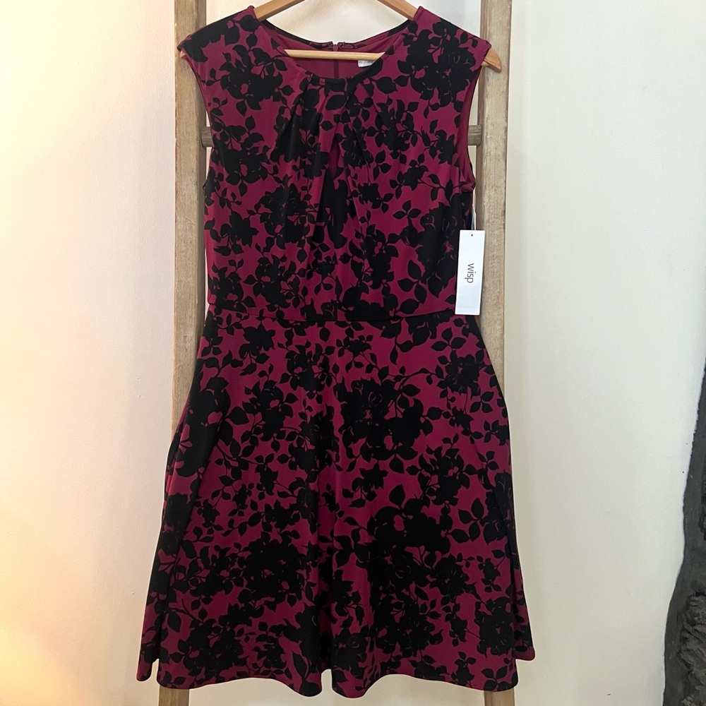 Wisp Black and Burgundy Floral Sleeveless Fit and Flare Dress